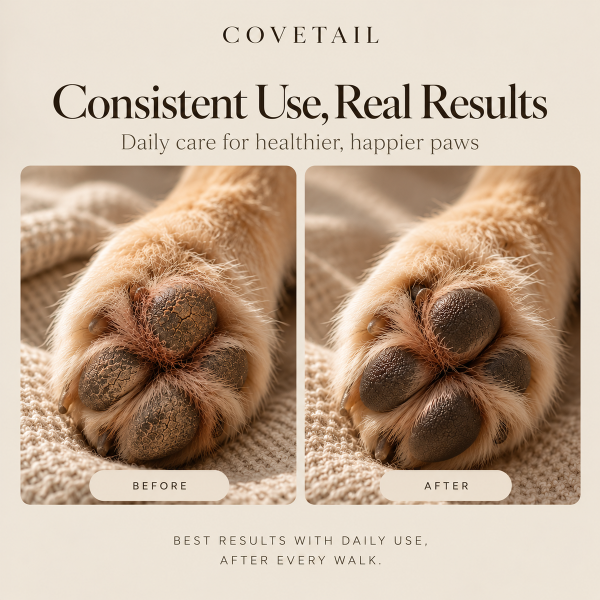 Before and after illustration of dog paw pads with Covetail paw balm